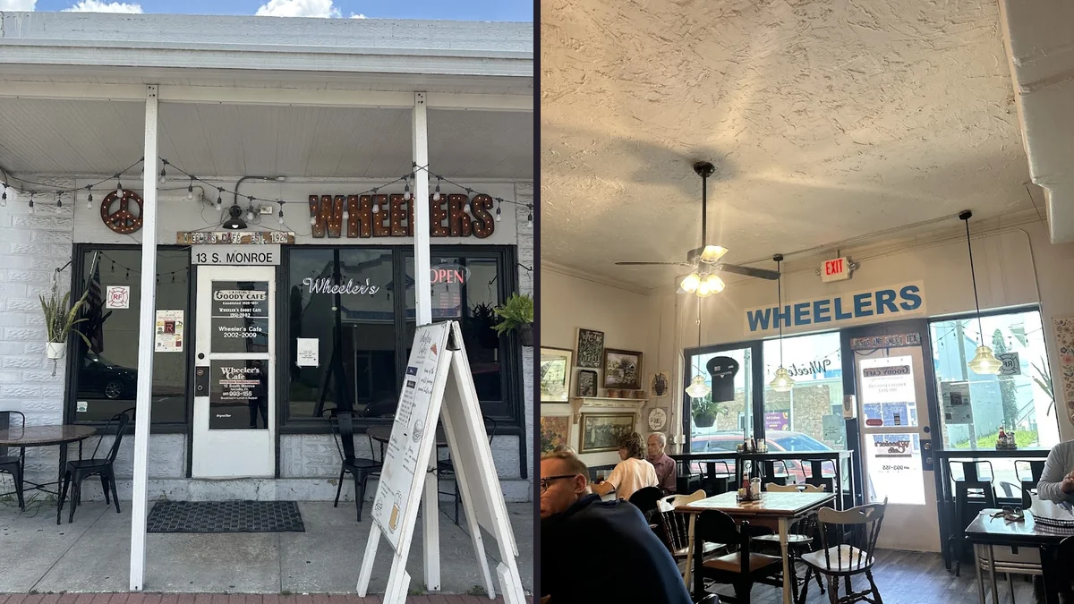 Simple dining room tables at a small-town cafe.