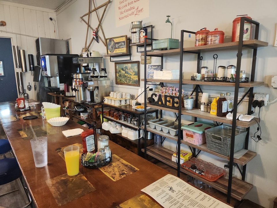 Simple dining room tables at a small-town cafe.